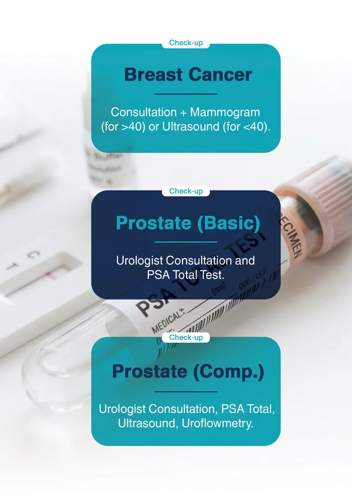 Breast Cancer, Prostate Basic and Prostate Comprehensive screening packages
